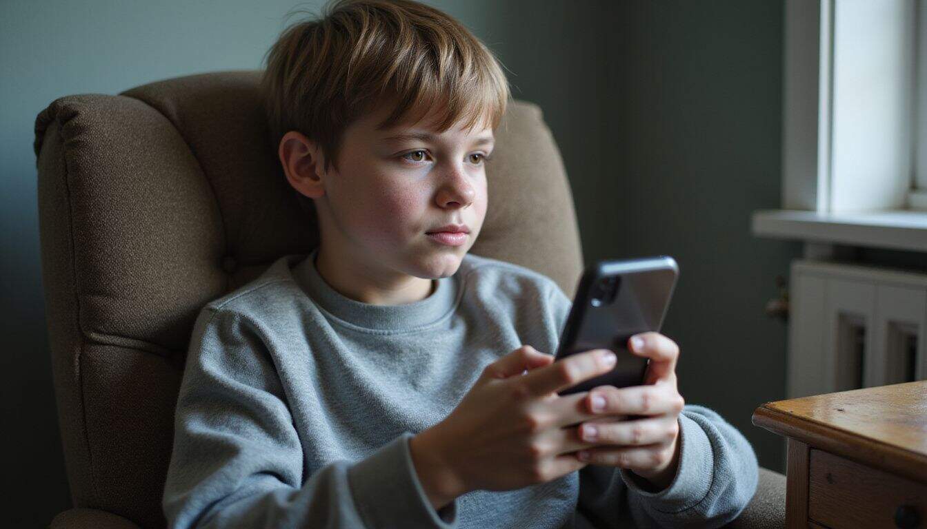 A teenage boy sits relaxed, absorbed in a glowing smartphone game, displaying natural wear in his clothing and surroundings. A teenage boy sits relaxed, absorbed in a glowing smartphone game, displaying natural wear in his clothing and surroundings.