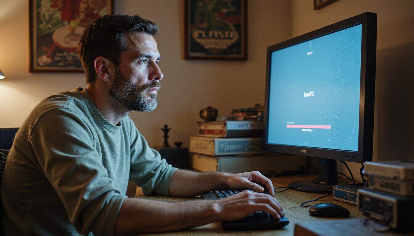 A middle-aged man sits at a desk surrounded by vintage PC game boxes, focused on a computer screen. A middle-aged man sits at a desk surrounded by vintage PC game boxes, focused on a computer screen.
