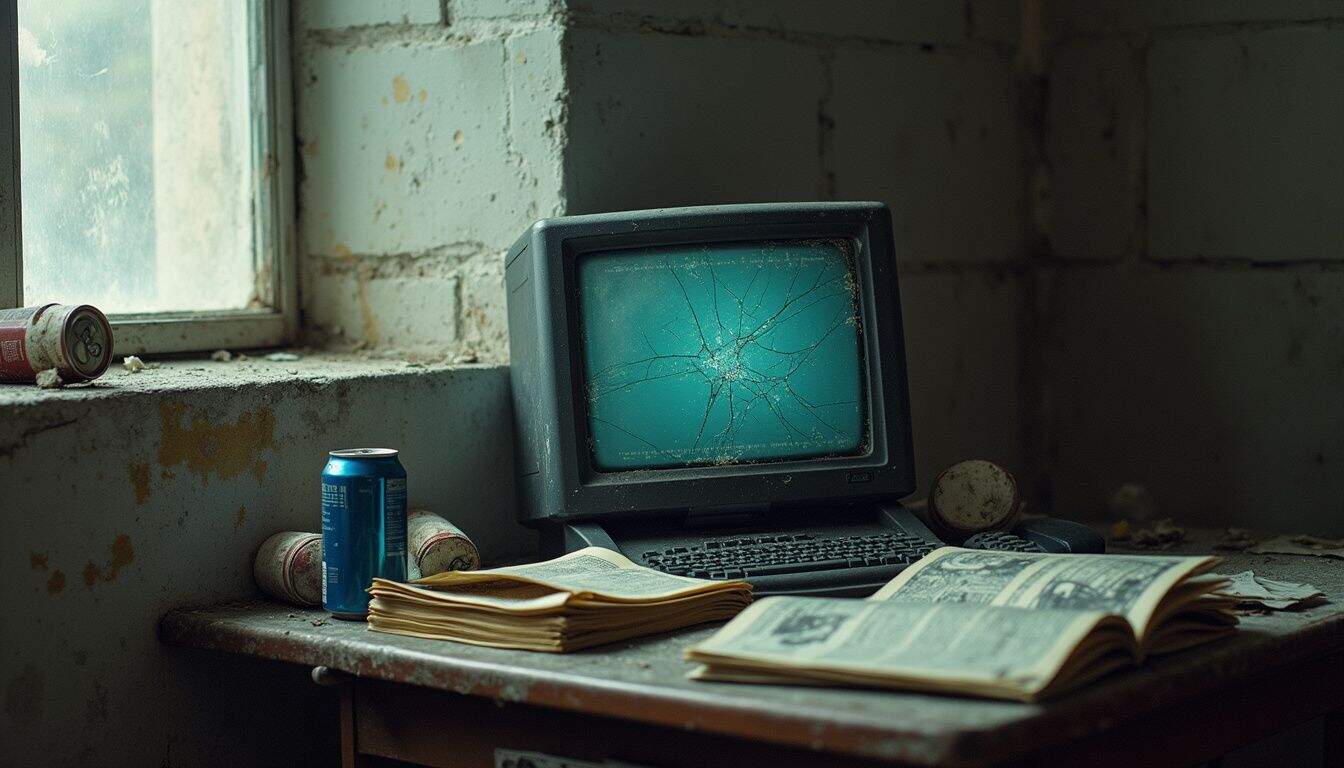 An abandoned desktop computer sits on a worn desk, surrounded by dust-covered magazines and empty soda cans, evoking neglect. An abandoned desktop computer sits on a worn desk, surrounded by dust-covered magazines and empty soda cans, evoking neglect.