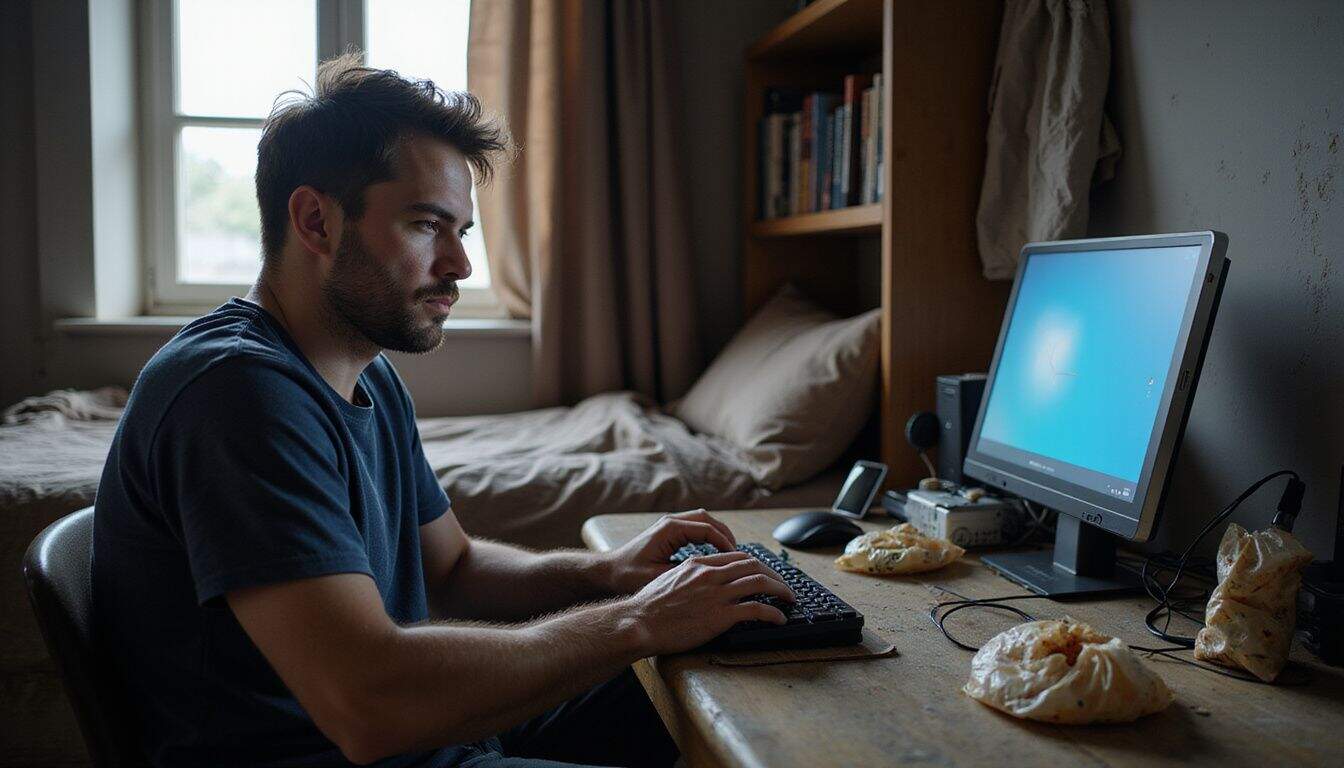 A man in a casual t-shirt sits at a cluttered desk, focused on playing a browser-based game on his laptop. A man in a casual t-shirt sits at a cluttered desk, focused on playing a browser-based game on his laptop.