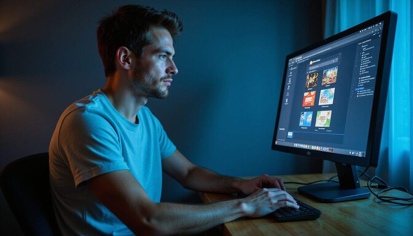 A young man focused on preserving Flash games using BlueMaxima's Flashpoint software at his wooden desk.