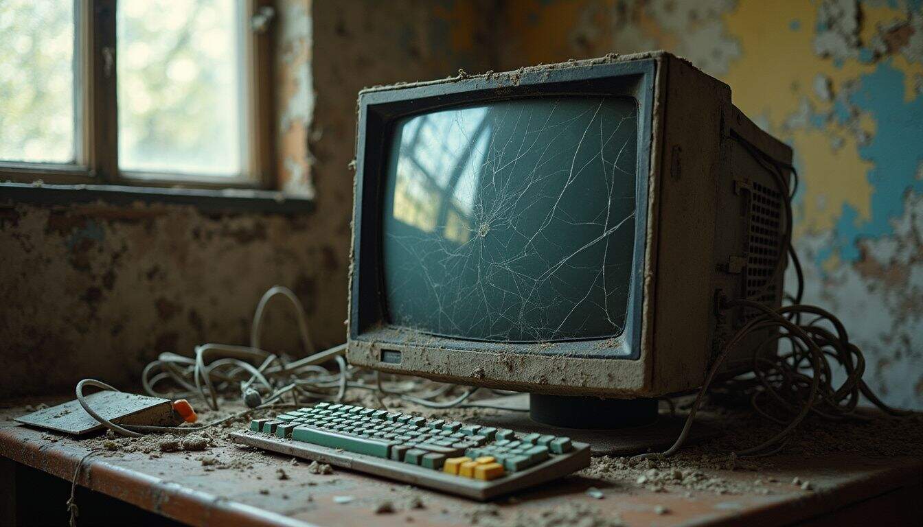 An aging computer monitor sits amidst remnants of outdated technology on a weathered desk, suggesting a forgotten workspace. An aging computer monitor sits amidst remnants of outdated technology on a weathered desk, suggesting a forgotten workspace.