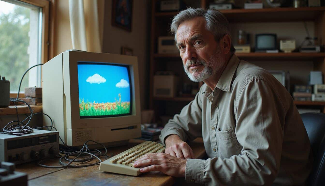 A man engages with a vintage desktop computer and retro technology on a worn wooden desk filled with nostalgia. A man engages with a vintage desktop computer and retro technology on a worn wooden desk filled with nostalgia.