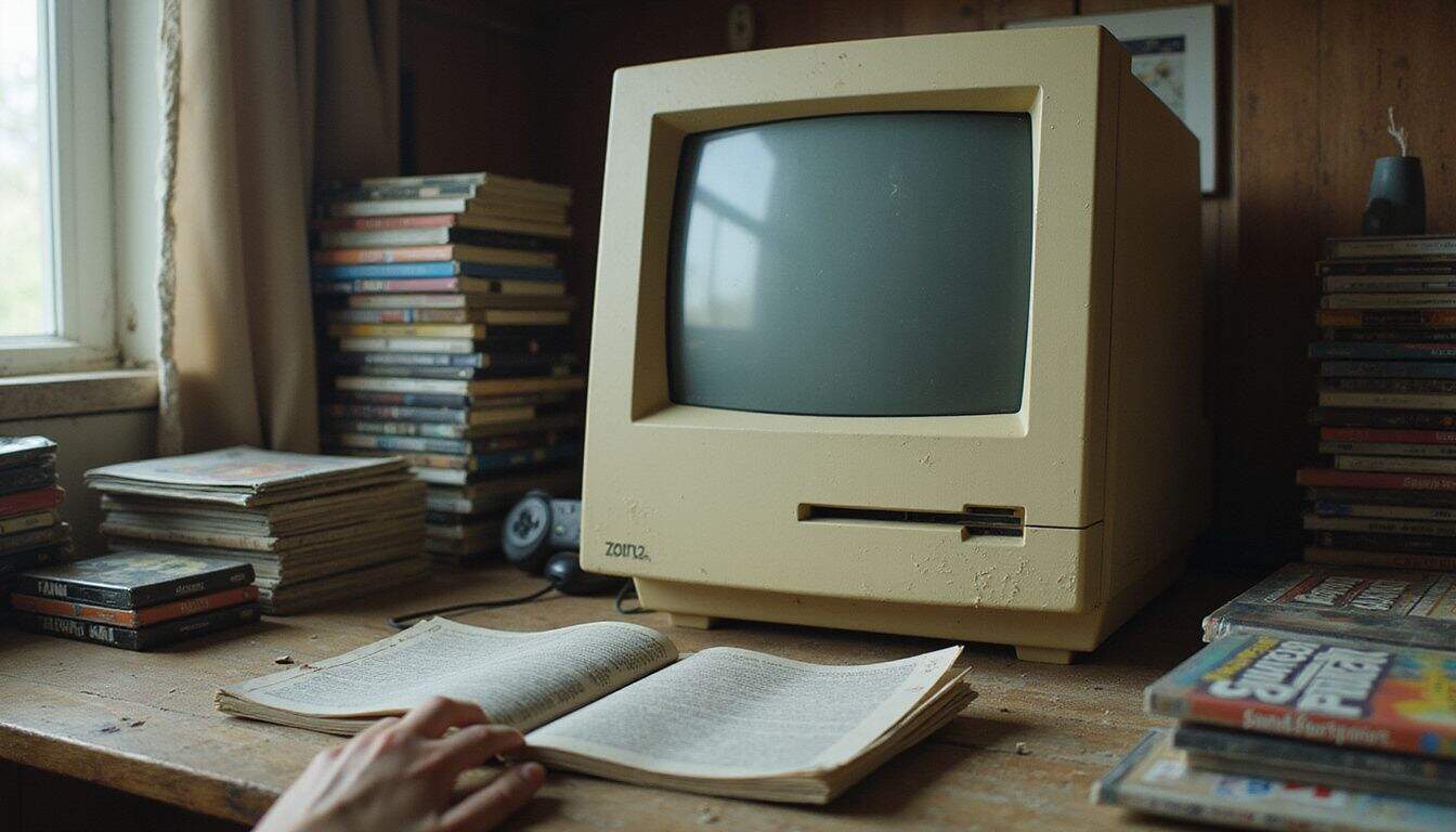A cluttered vintage desk features a dusty CRT monitor, game discs, and aging gaming magazines, evoking nostalgia. A cluttered vintage desk features a dusty CRT monitor, game discs, and aging gaming magazines, evoking nostalgia.