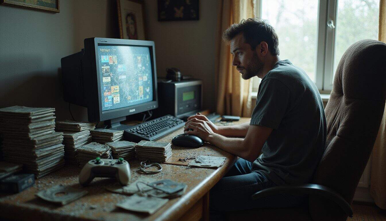 A man sits at a worn wooden desk, focused on an old computer monitor surrounded by game paraphernalia. A man sits at a worn wooden desk, focused on an old computer monitor surrounded by game paraphernalia.