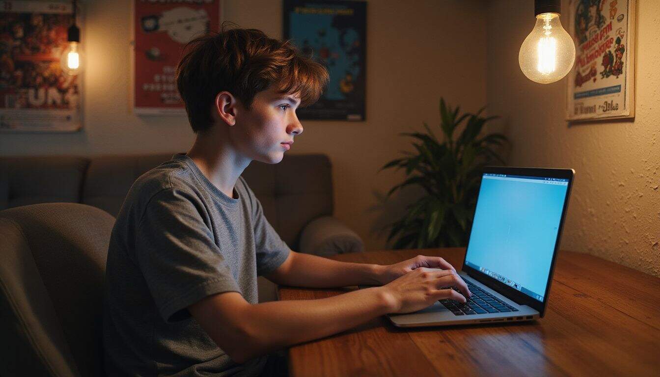 A young adult focused on playing an HTML5 game on a laptop at a rustic wooden desk in a cozy room. A young adult focused on playing an HTML5 game on a laptop at a rustic wooden desk in a cozy room.