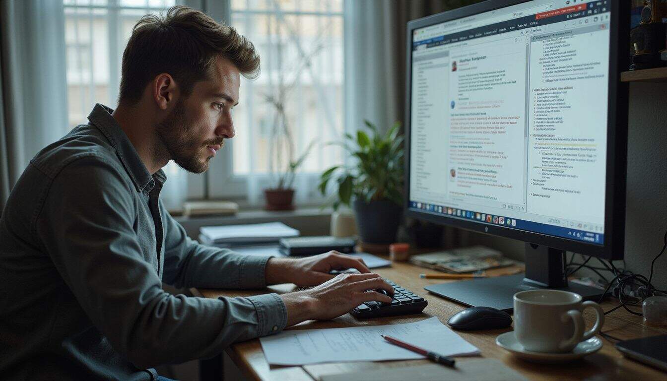 A focused man in casual attire works at a cluttered desk, addressing Adobe Flash Player security issues on his monitor. A focused man in casual attire works at a cluttered desk, addressing Adobe Flash Player security issues on his monitor.