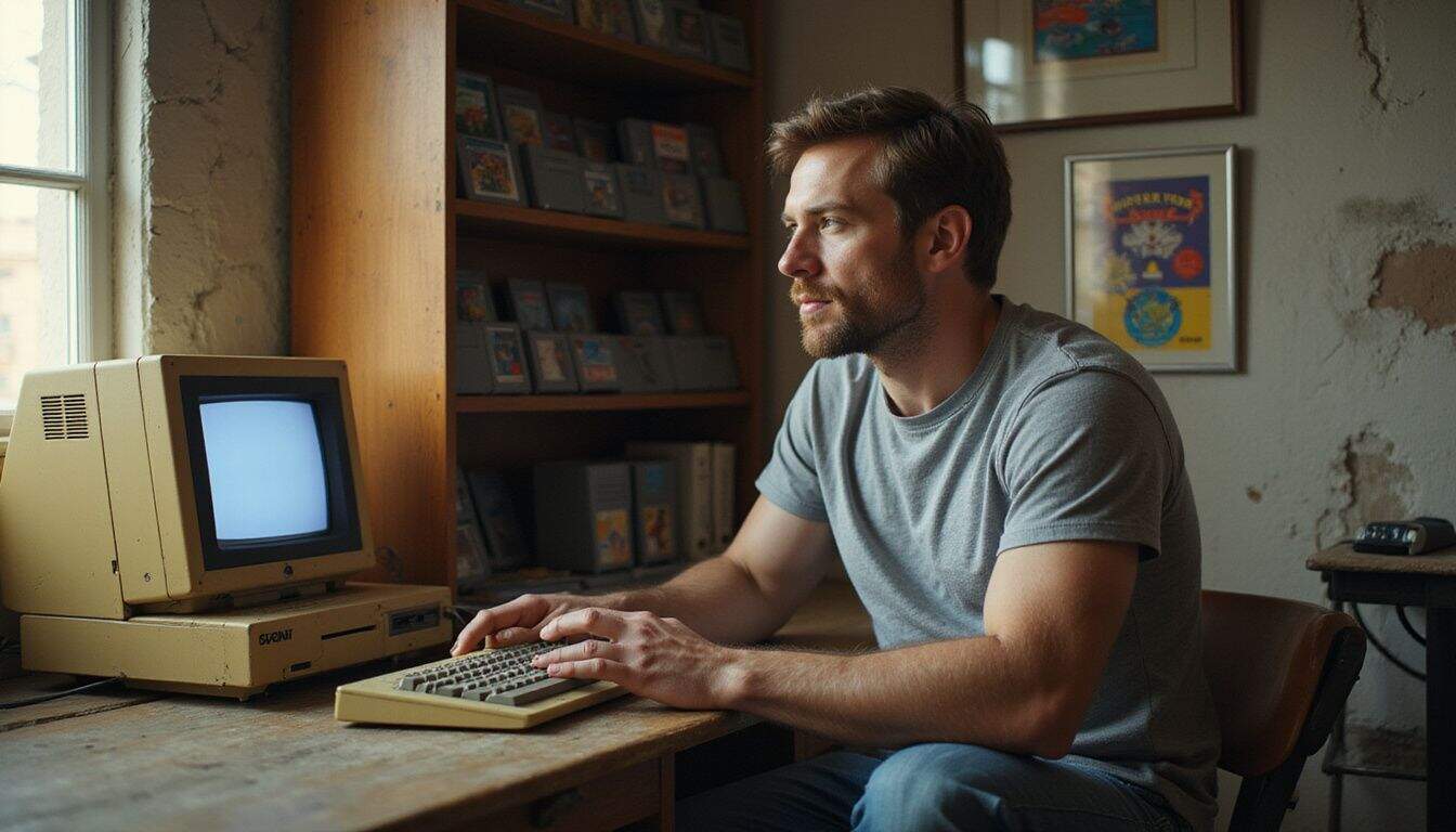 A man in casual attire is focused on an old desktop computer while surrounded by vintage game cartridges and posters. A man in casual attire is focused on an old desktop computer while surrounded by vintage game cartridges and posters.