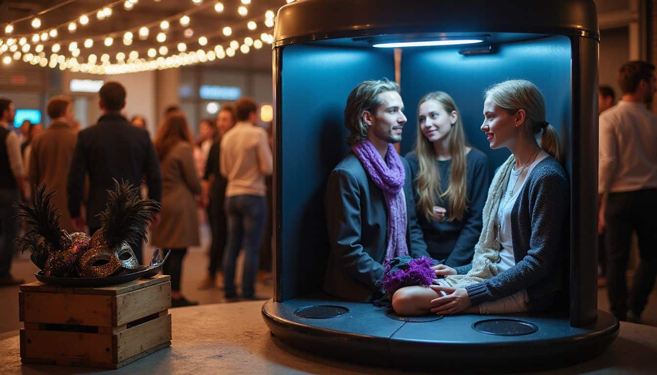 A sleek 360 photo booth at a lively event features colorful props and engaged participants enjoying the experience. A sleek 360 photo booth at a lively event features colorful props and engaged participants enjoying the experience.