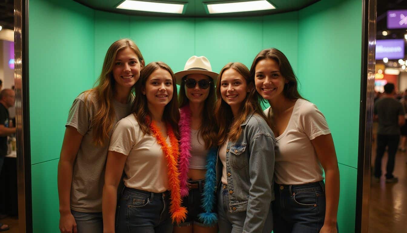 Five friends pose playfully around a vibrant 360-degree photo booth filled with fun props in a lively event space. Five friends pose playfully around a vibrant 360-degree photo booth filled with fun props in a lively event space.