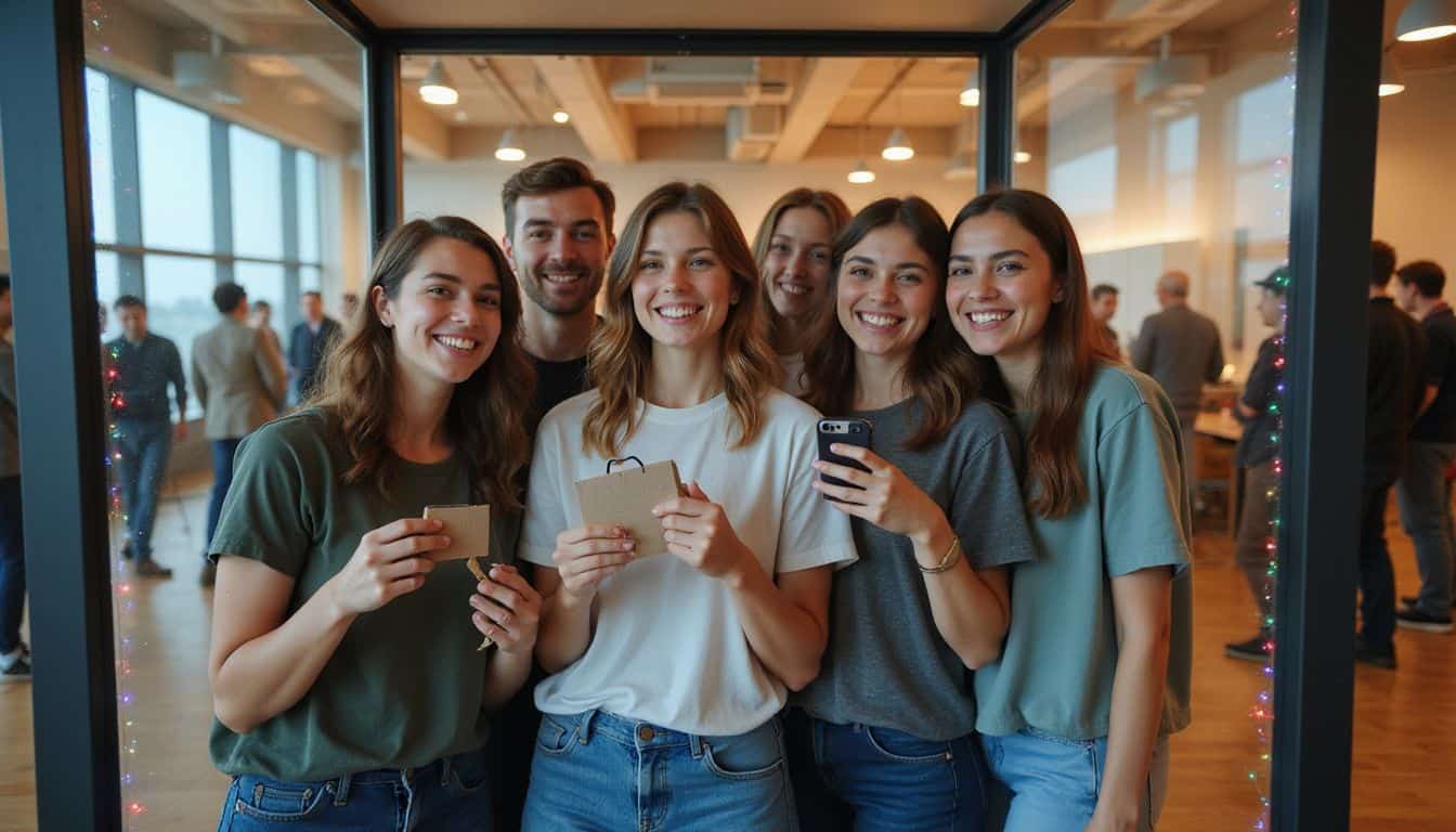 A joyful group of young adults enjoys a candid moment in a 360-degree photo booth at a technology meetup. A joyful group of young adults enjoys a candid moment in a 360-degree photo booth at a technology meetup.