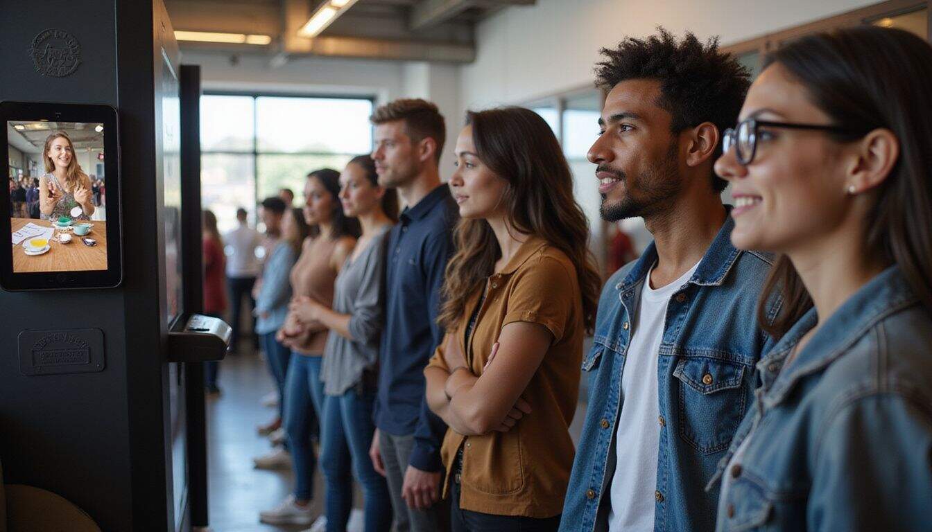 A diverse group of young adults eagerly waits in line to use a sleek 360-degree photo booth at an event. A diverse group of young adults eagerly waits in line to use a sleek 360-degree photo booth at an event.