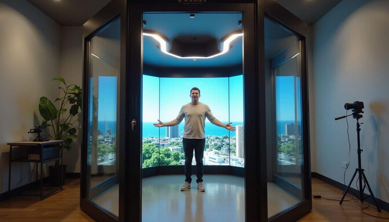 A sleek 360-degree photo booth captures a person mid-motion against customizable digital backgrounds, emphasizing dynamic movement and professional quality. A sleek 360-degree photo booth captures a person mid-motion against customizable digital backgrounds, emphasizing dynamic movement and professional quality.