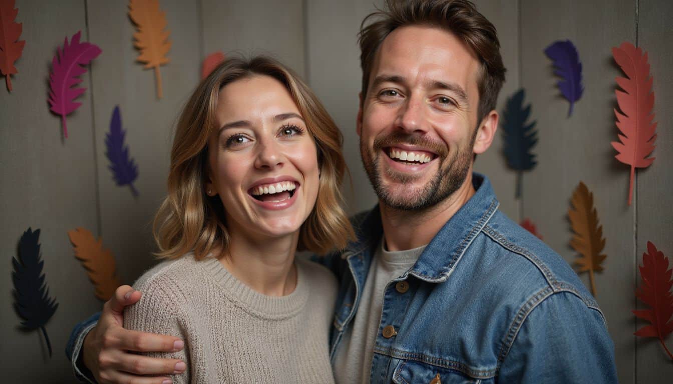 A smiling couple poses together on a rotating platform in a playful photo booth filled with colorful props. A smiling couple poses together on a rotating platform in a playful photo booth filled with colorful props.