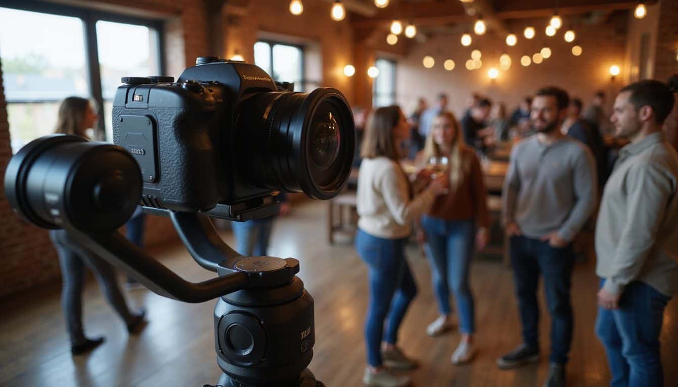A professional-grade rotating camera on a gimbal captures lively party interactions and joyful moments among guests. A professional-grade rotating camera on a gimbal captures lively party interactions and joyful moments among guests.
