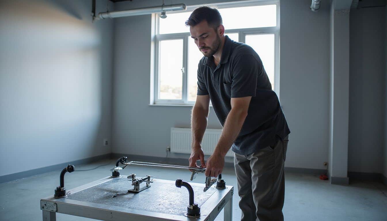 A focused man adjusts heavy-duty mounts on a sleek aluminum platform for a 360-degree photo booth in a functional room. A focused man adjusts heavy-duty mounts on a sleek aluminum platform for a 360-degree photo booth in a functional room.