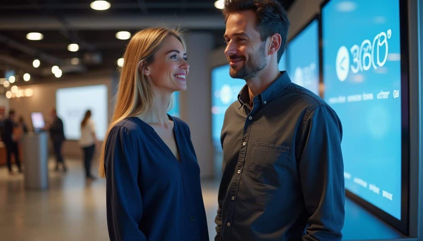 A couple in their 30s shares a joyful moment at a contemporary event, posing near a branded backdrop. A couple in their 30s shares a joyful moment at a contemporary event, posing near a branded backdrop.