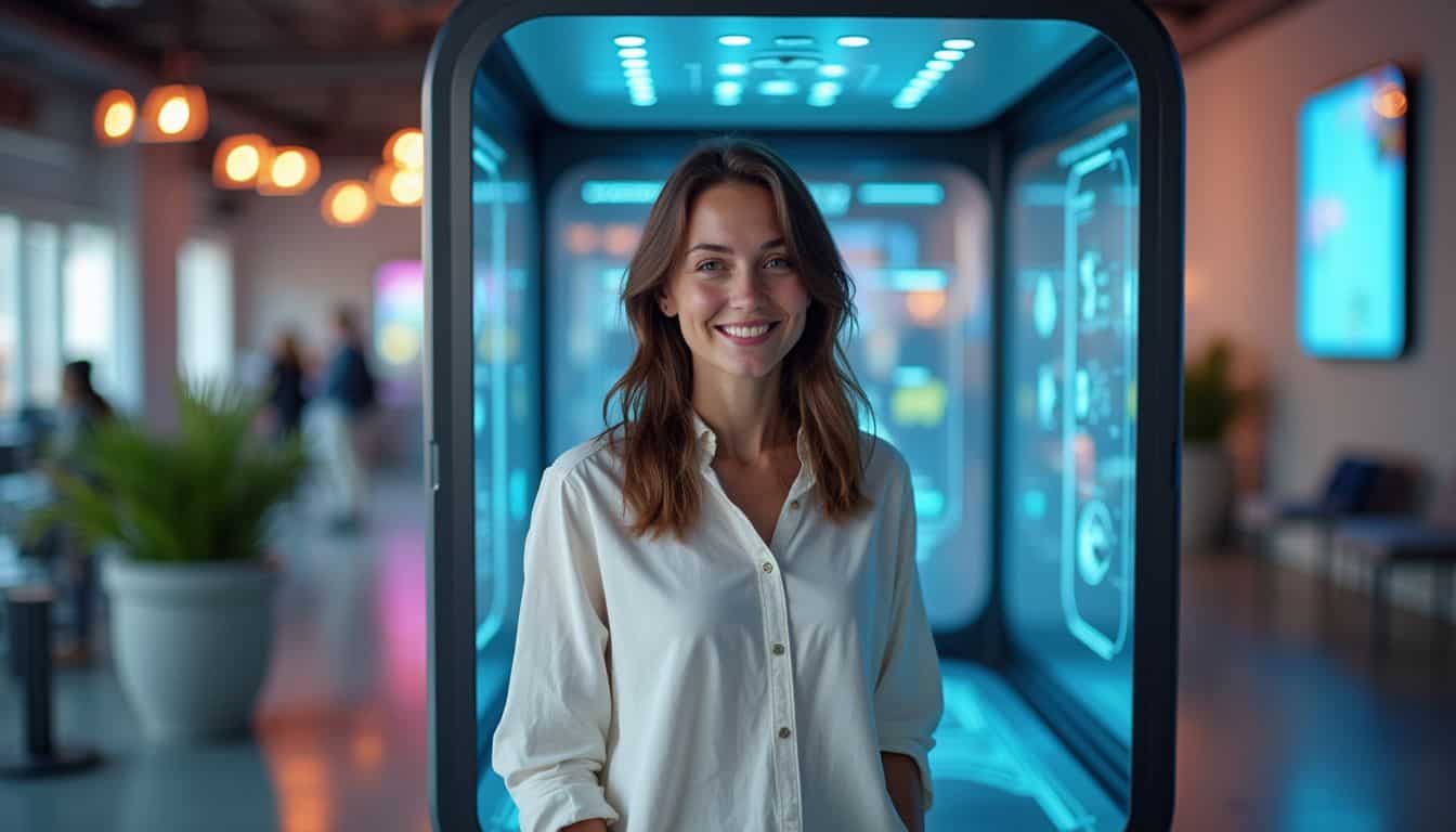 A woman in a photo booth interacts joyfully with advanced technology amidst a vibrant corporate event. A woman in a photo booth interacts joyfully with advanced technology amidst a vibrant corporate event.