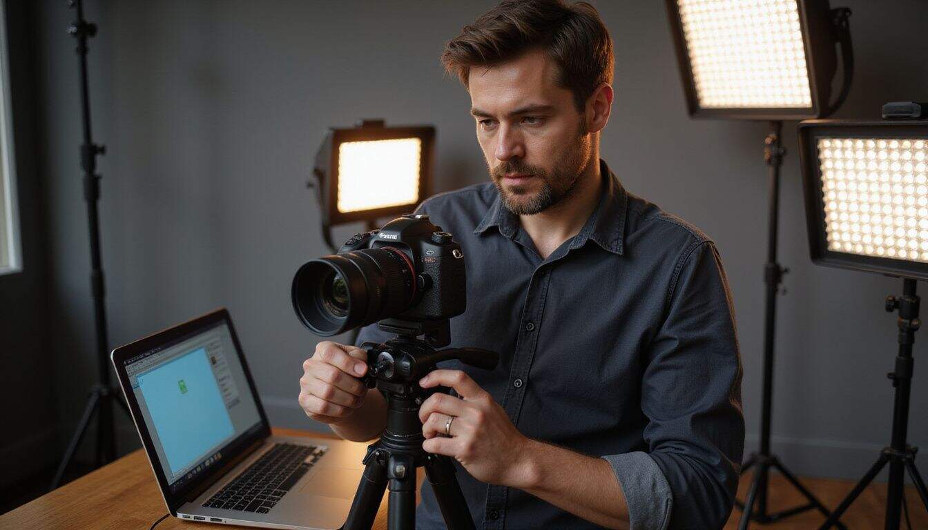 A focused man in a dark shirt adjusts a DSLR camera in a modest studio space with a laptop nearby. A focused man in a dark shirt adjusts a DSLR camera in a modest studio space with a laptop nearby.