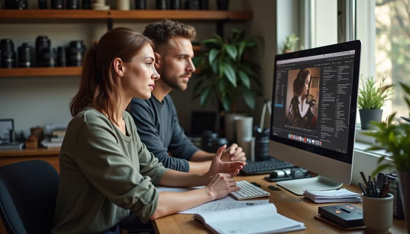A woman and man engage in an intimate conversation in a casually cluttered home office filled with photography equipment. A woman and man engage in an intimate conversation in a casually cluttered home office filled with photography equipment.
