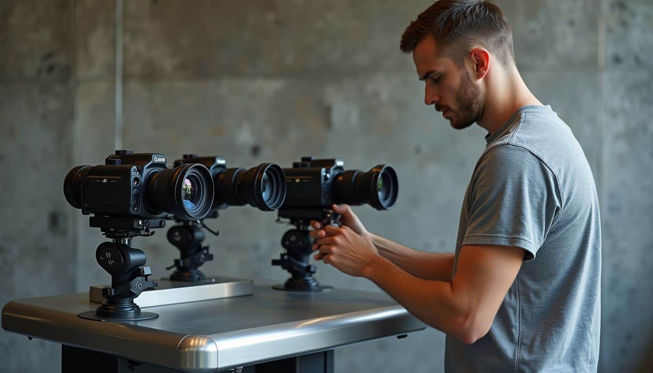 A modern 360-degree photo booth with a polished platform and adjustable cameras is set in an industrial backdrop. A modern 360-degree photo booth with a polished platform and adjustable cameras is set in an industrial backdrop.