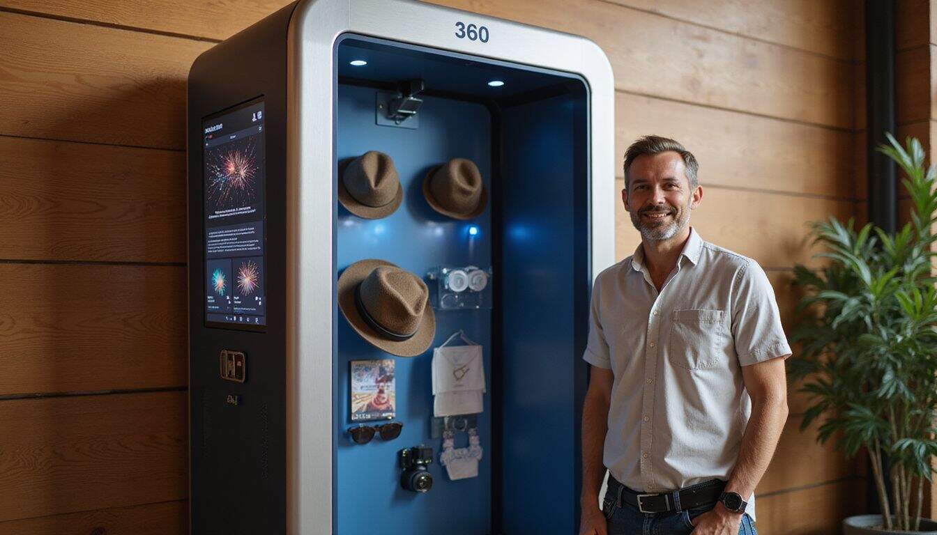 A sleek 360 photo booth with themed props and digital effects stands in an authentic event space. A sleek 360 photo booth with themed props and digital effects stands in an authentic event space.