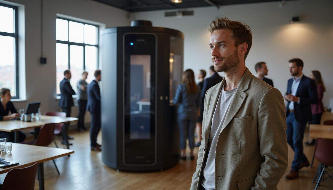 A sleek 360-degree photo booth is amid a gathering of professionally dressed attendees engaged in conversation. A sleek 360-degree photo booth is amid a gathering of professionally dressed attendees engaged in conversation.