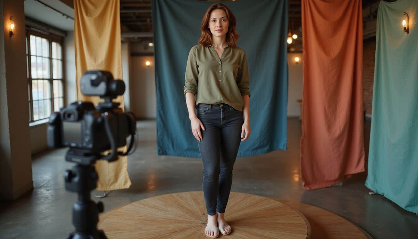 A confident woman in her 30s stands on a rotating platform, dressed in an olive-green blouse and dark jeans. A confident woman in her 30s stands on a rotating platform, dressed in an olive-green blouse and dark jeans.