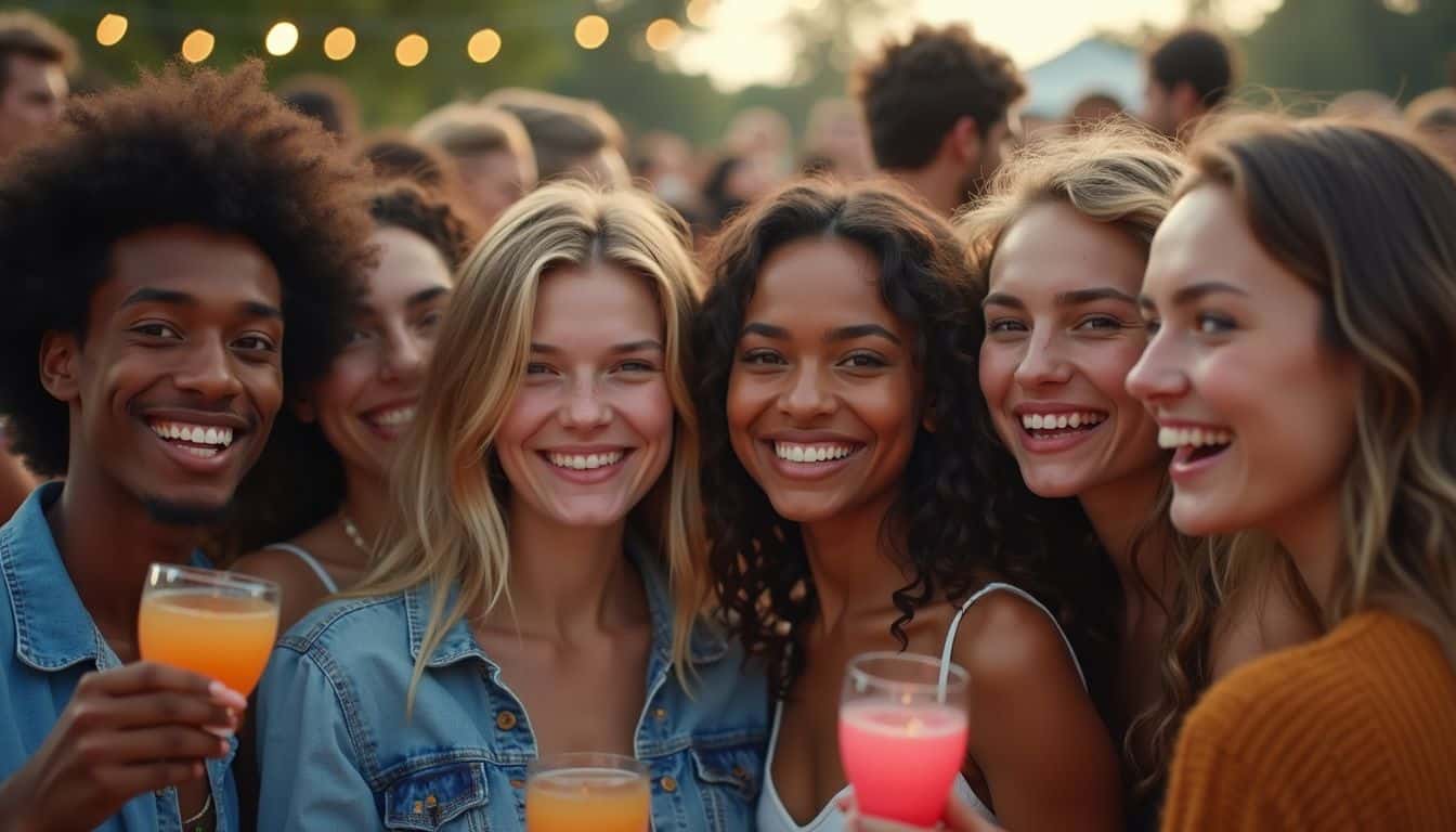 A group of young adults enjoys a lively outdoor event, capturing fun moments in a 360-degree photo booth. A group of young adults enjoys a lively outdoor event, capturing fun moments in a 360-degree photo booth.