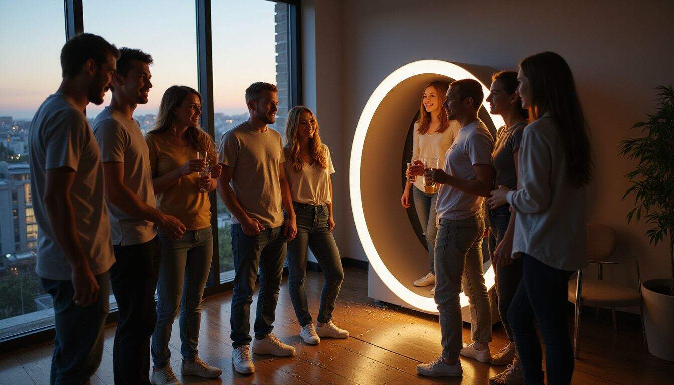 A group of young adults enjoys a lively moment around a modern 360-degree photo booth at a casual gathering. A group of young adults enjoys a lively moment around a modern 360-degree photo booth at a casual gathering.