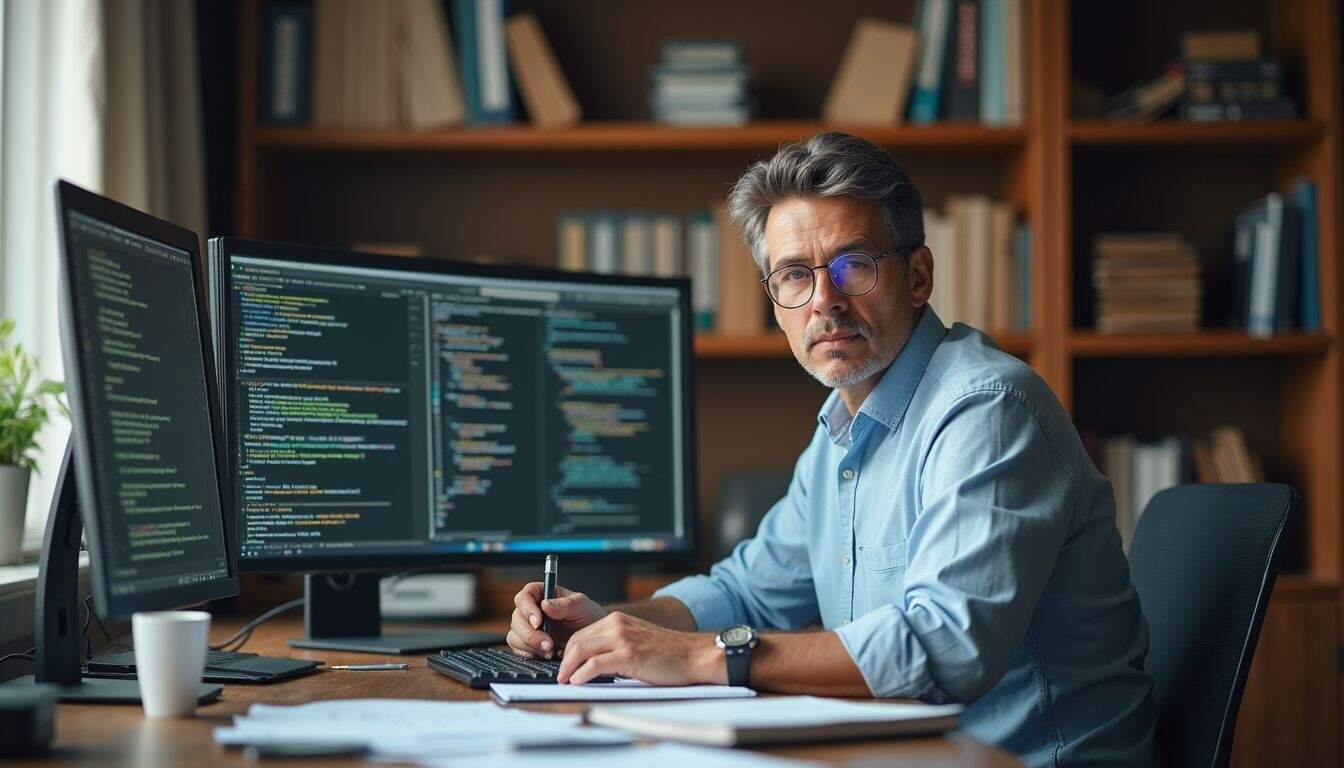 A focused professional in a light blue shirt works at a cluttered desk surrounded by technical manuals and monitors. A focused professional in a light blue shirt works at a cluttered desk surrounded by technical manuals and monitors.
