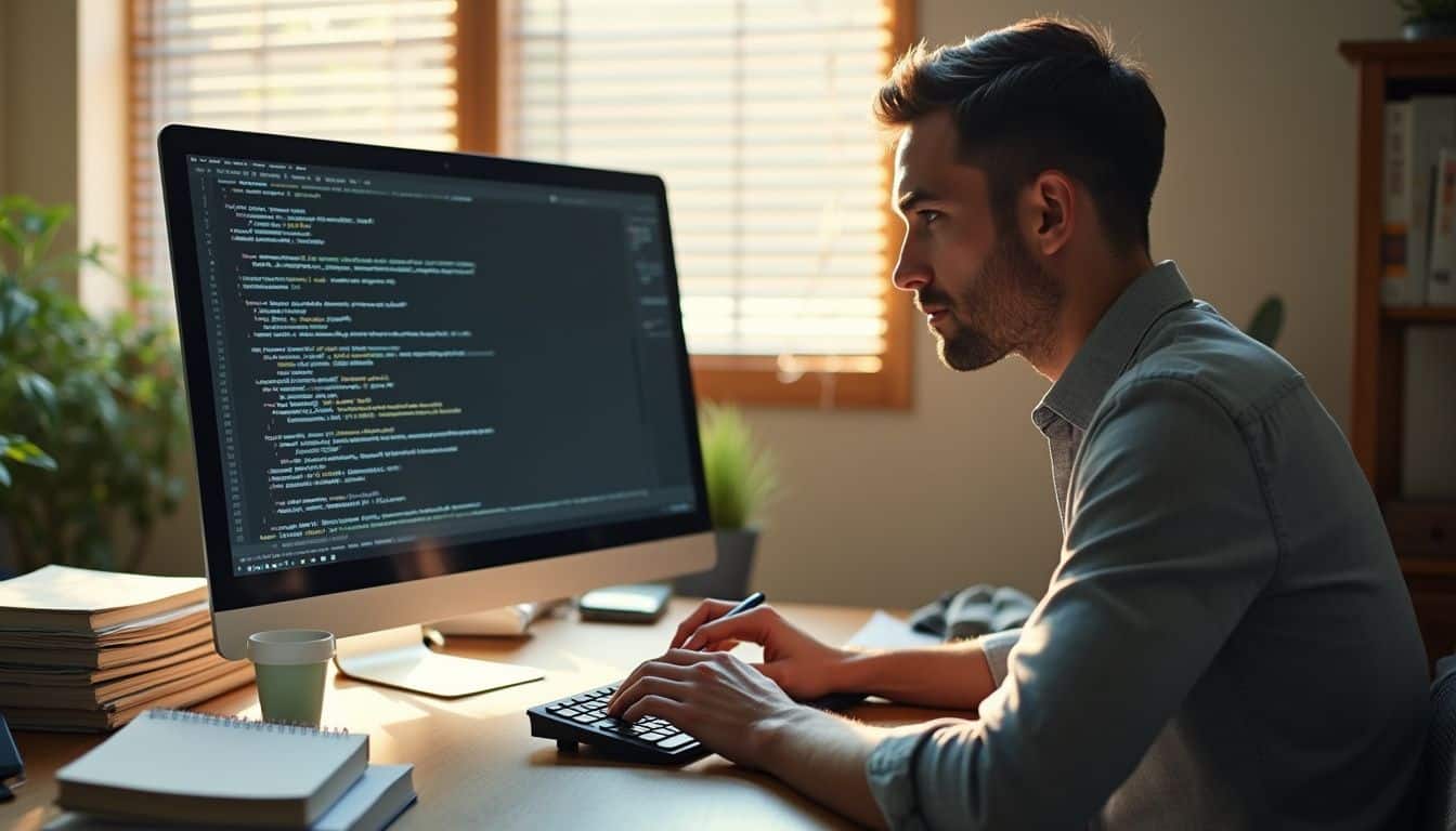 A focused individual works at a desk surrounded by code, legal documents, and technical manuals in a professional setting. A focused individual works at a desk surrounded by code, legal documents, and technical manuals in a professional setting.