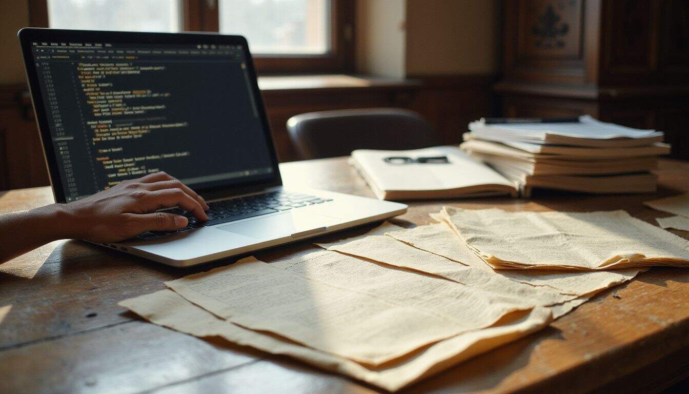 A cluttered oak courtroom desk features legal documents, a laptop displaying code, and a hand resting casually nearby. A cluttered oak courtroom desk features legal documents, a laptop displaying code, and a hand resting casually nearby.