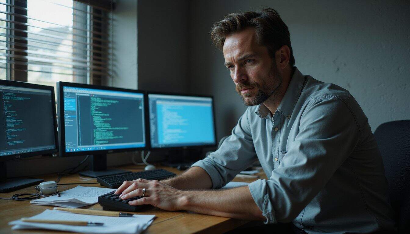 A focused man in his 40s works intently at a desk surrounded by forensic tools and computers. A focused man in his 40s works intently at a desk surrounded by forensic tools and computers.
