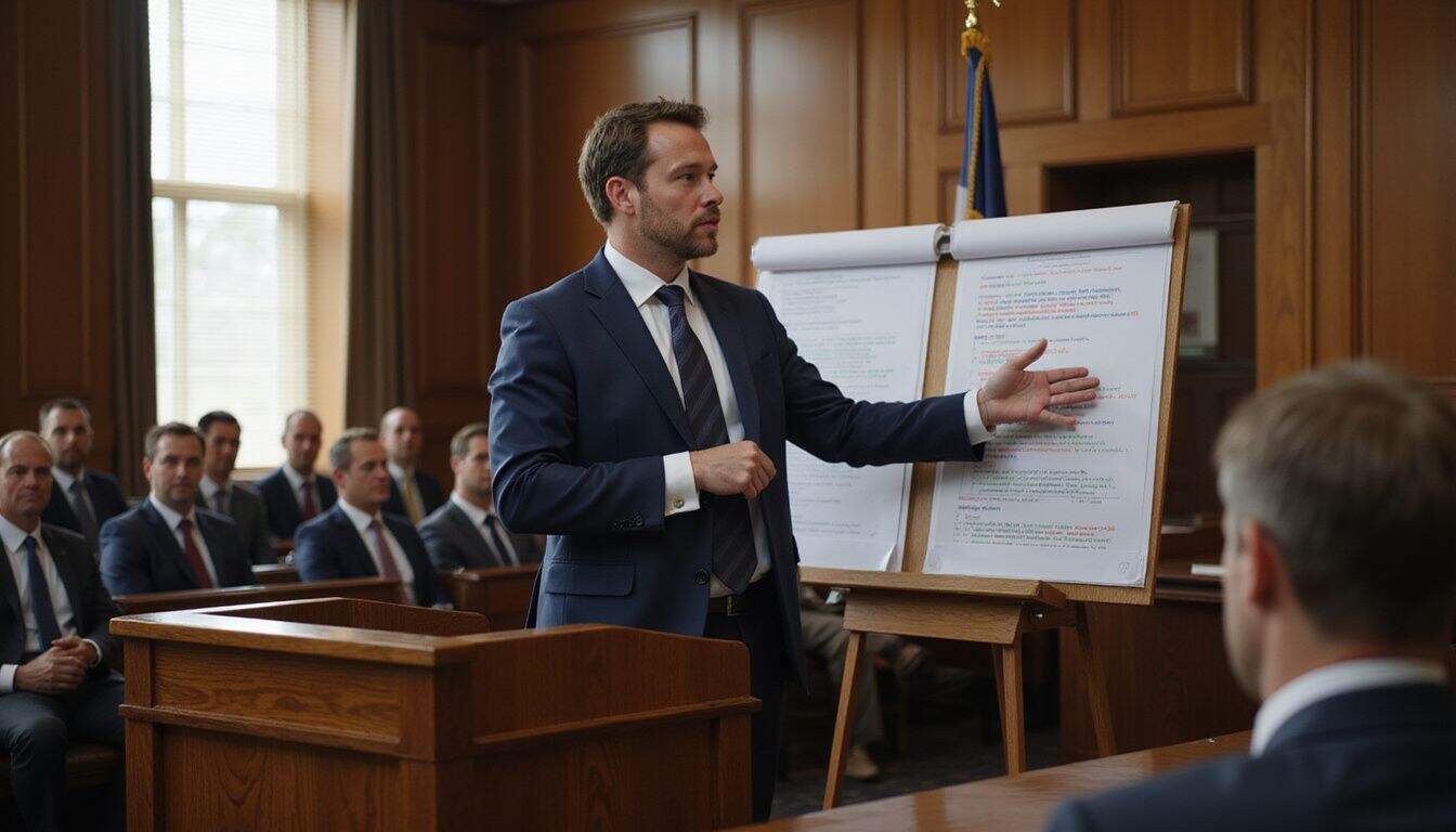 An expert witness presents detailed forensic diagrams in a tense courtroom setting, engaging the attentive audience with his testimony. An expert witness presents detailed forensic diagrams in a tense courtroom setting, engaging the attentive audience with his testimony.
