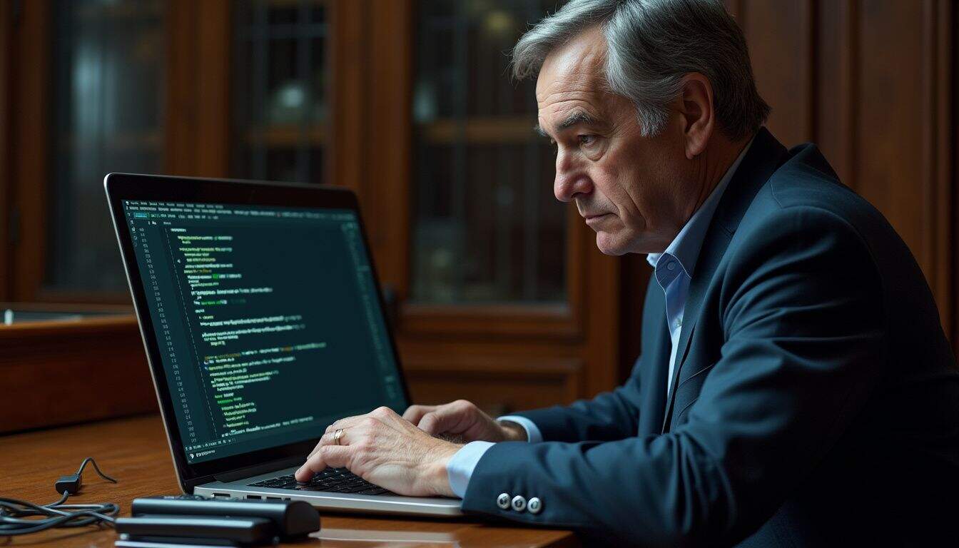 A middle-aged man in a blazer analyzes complex code on a laptop surrounded by digital forensics equipment in a courtroom. A middle-aged man in a blazer analyzes complex code on a laptop surrounded by digital forensics equipment in a courtroom.