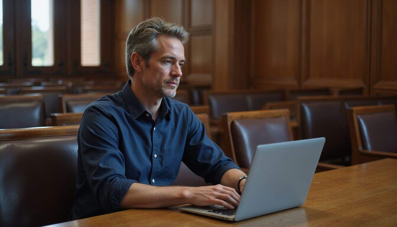 A focused middle-aged man sits at a courtroom table, engaging with code on his laptop amidst worn leather benches. A focused middle-aged man sits at a courtroom table, engaging with code on his laptop amidst worn leather benches.