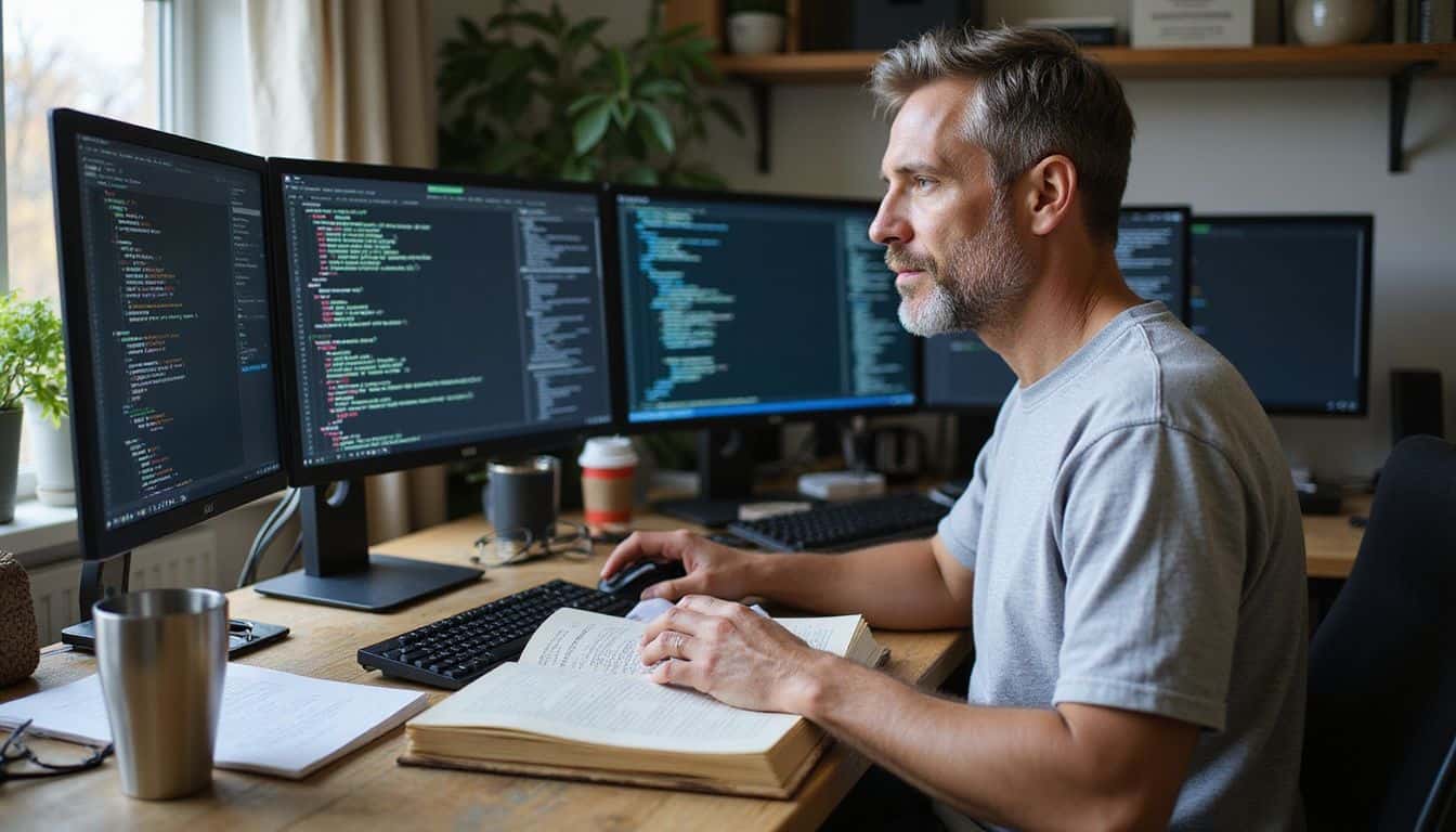 A focused man in a cluttered home office analyzes code on multiple monitors surrounded by books and papers. A focused man in a cluttered home office analyzes code on multiple monitors surrounded by books and papers.