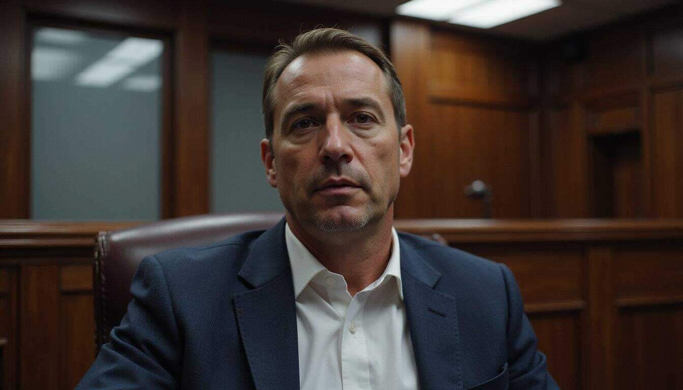 A focused middle-aged man in a tailored blazer leans forward, addressing the courtroom as an expert witness. A focused middle-aged man in a tailored blazer leans forward, addressing the courtroom as an expert witness.