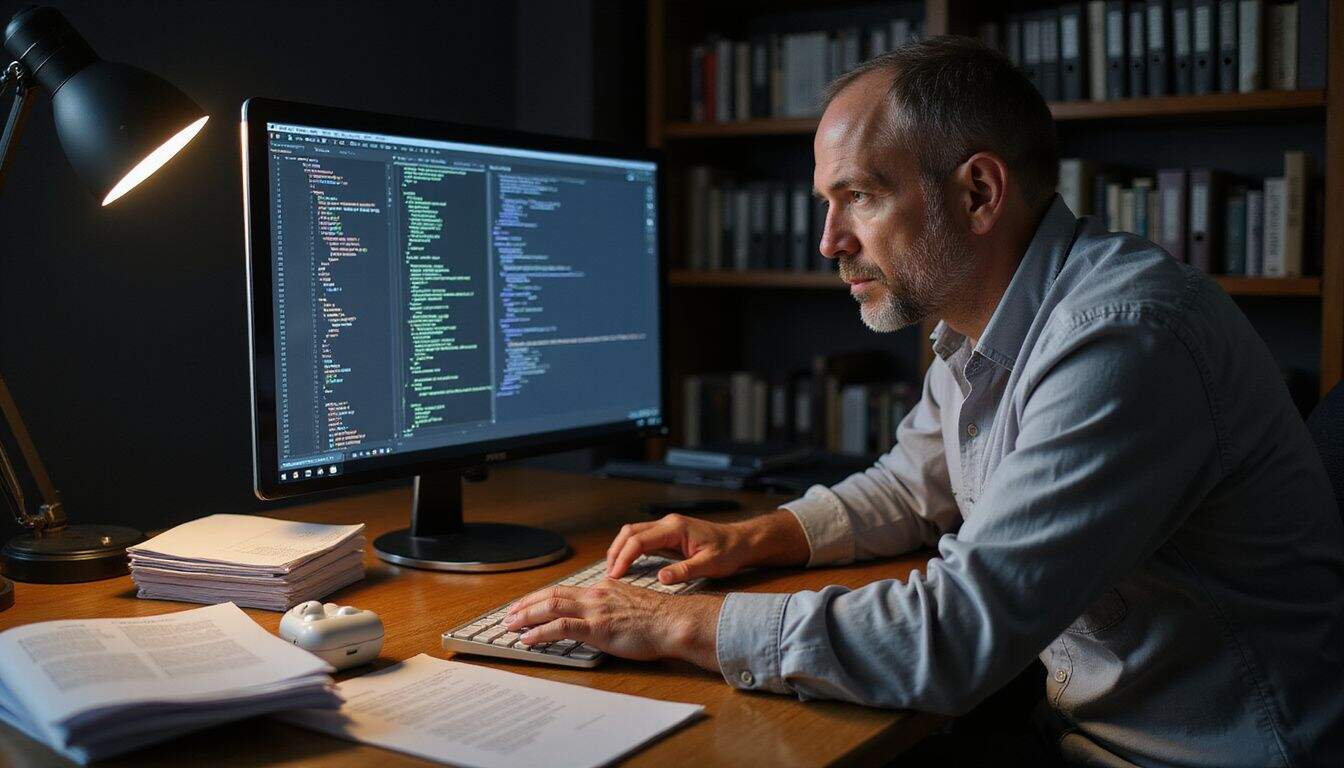 A middle-aged man intently analyzes code on a sleek monitor amidst a cluttered, tech-filled workspace. A middle-aged man intently analyzes code on a sleek monitor amidst a cluttered, tech-filled workspace.