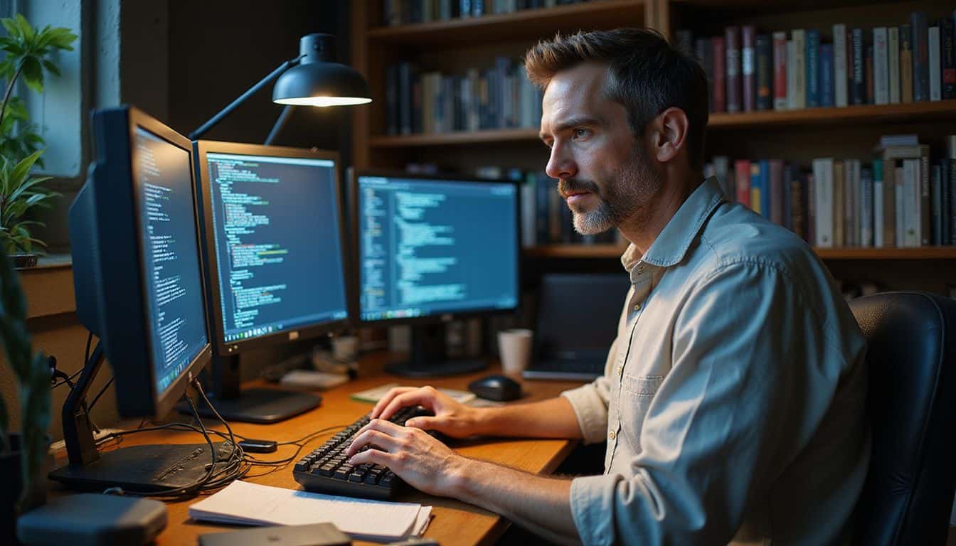 A focused man in a cluttered office works intently at his desk surrounded by technical gadgets and source code. A focused man in a cluttered office works intently at his desk surrounded by technical gadgets and source code.