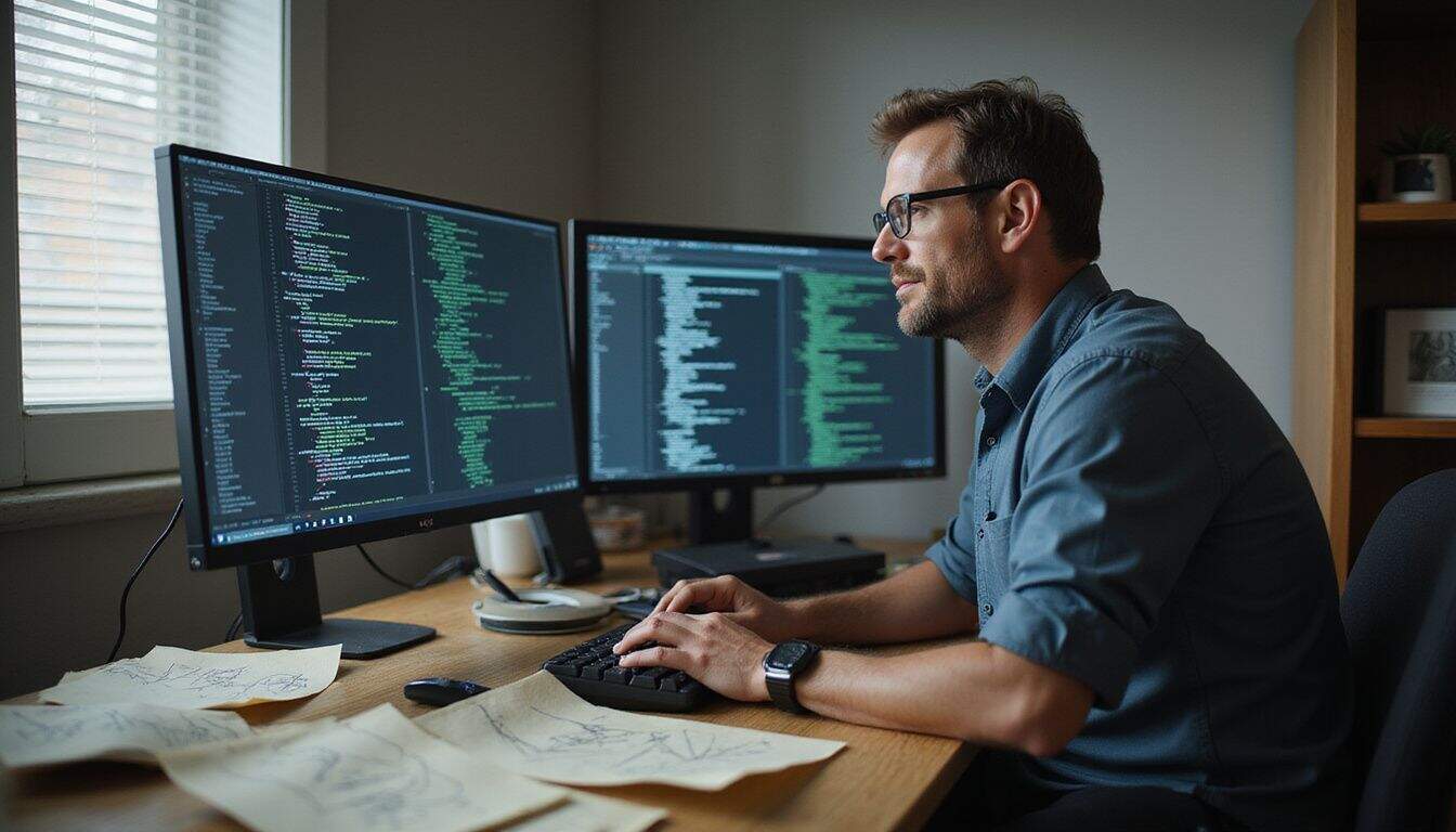 A focused man in his 40s works at a cluttered desk, analyzing complex code on multiple monitors. A focused man in his 40s works at a cluttered desk, analyzing complex code on multiple monitors.