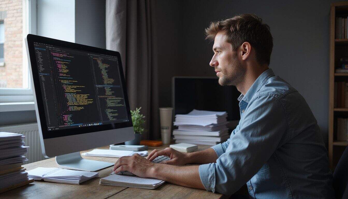 A focused individual works at a cluttered wooden desk, surrounded by legal documents, technical reports, and a glowing computer monitor. A focused individual works at a cluttered wooden desk, surrounded by legal documents, technical reports, and a glowing computer monitor.