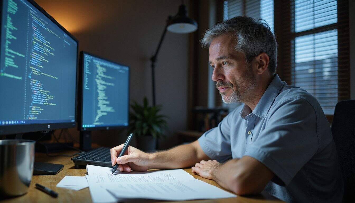 A middle-aged individual with short, graying hair is focused on coding at a modern wooden desk. A middle-aged individual with short, graying hair is focused on coding at a modern wooden desk.