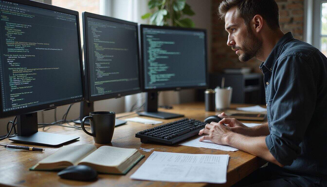 A cluttered wooden desk features scattered papers, programming books, monitors displaying code, and a focused man working intently. A cluttered wooden desk features scattered papers, programming books, monitors displaying code, and a focused man working intently.