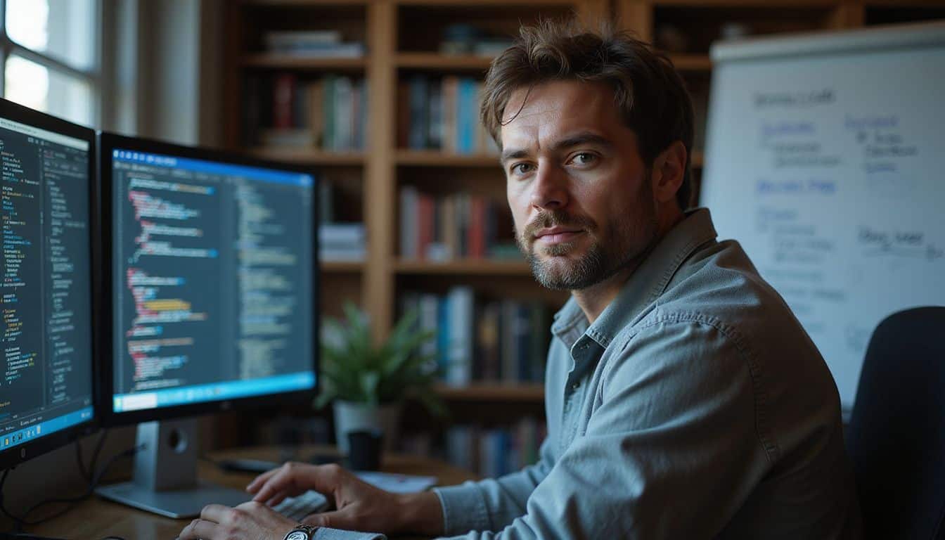 A focused man in his 40s works intently at his computer in a cluttered office filled with books and notes. A focused man in his 40s works intently at his computer in a cluttered office filled with books and notes.