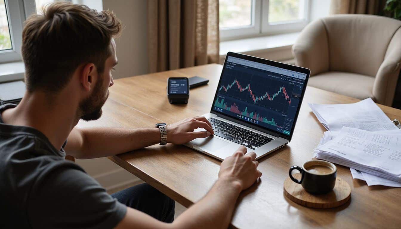 A man works intently at a minimalist desk with a laptop, financial reports, and a coffee cup. A man works intently at a minimalist desk with a laptop, financial reports, and a coffee cup.