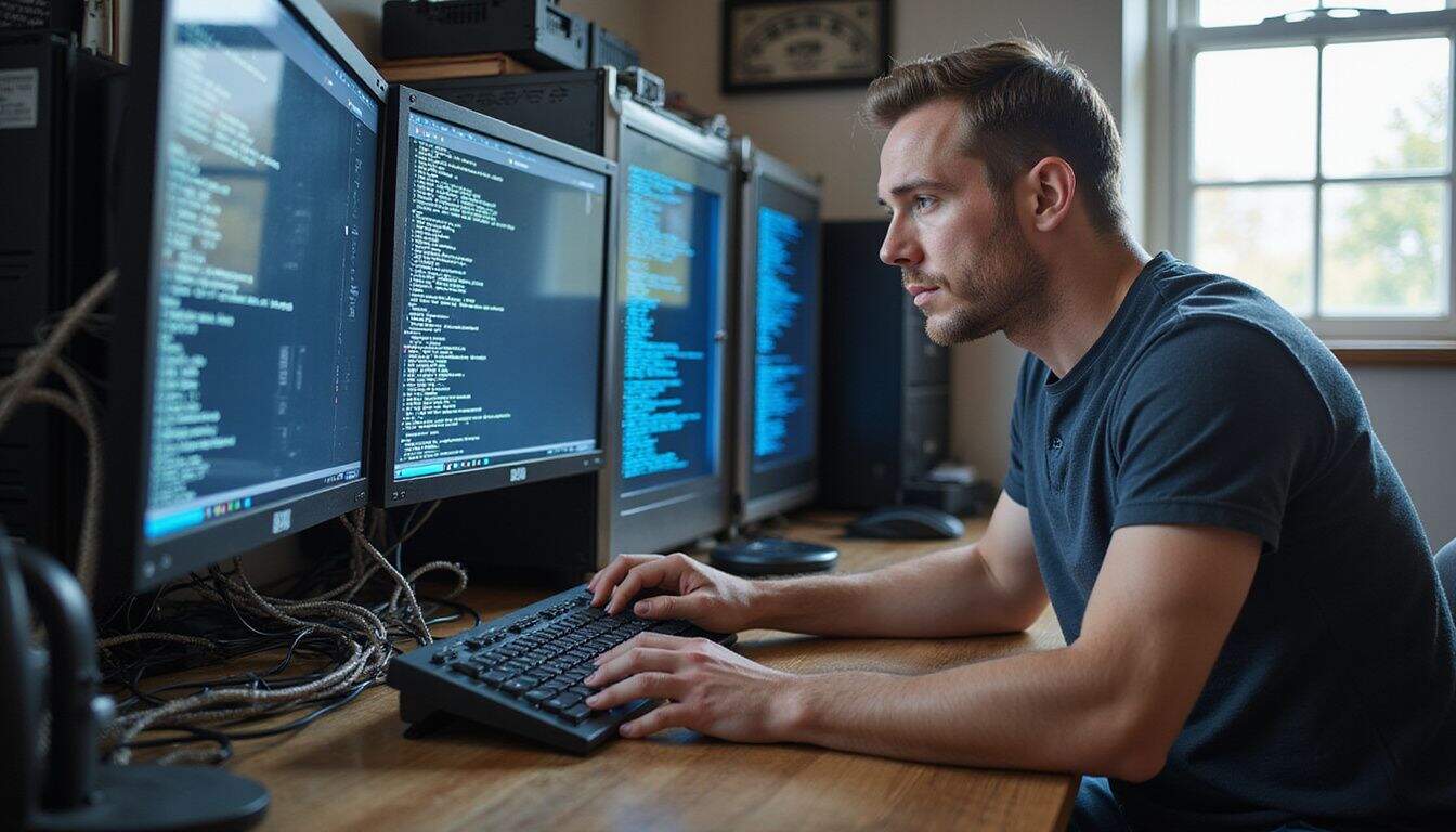 A focused man operates high-performance computer rigs for cryptocurrency mining in a dedicated workspace filled with cables and equipment. A focused man operates high-performance computer rigs for cryptocurrency mining in a dedicated workspace filled with cables and equipment.