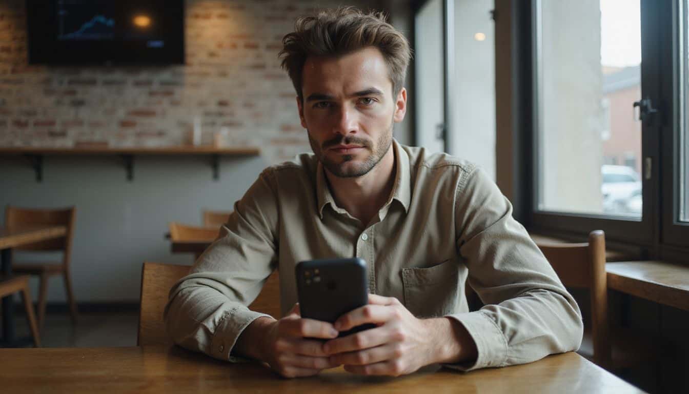 A 30-year-old person sits at a café, intently focused on their smartphone amidst a cozy, inviting atmosphere. A 30-year-old person sits at a café, intently focused on their smartphone amidst a cozy, inviting atmosphere.