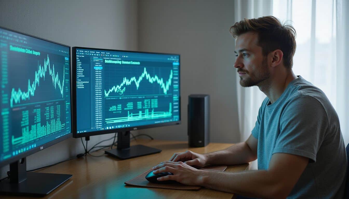 A focused man in a gray t-shirt works at a desk with three monitors displaying cryptocurrency data. A focused man in a gray t-shirt works at a desk with three monitors displaying cryptocurrency data.